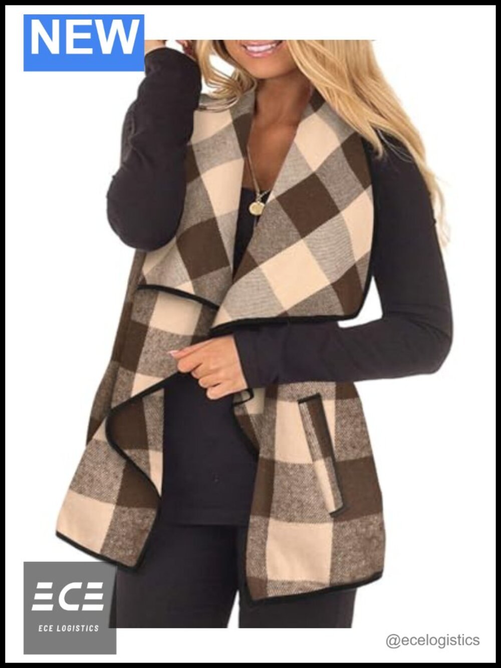 Women's Plus Size Plaid Open Front Sleeveless Vest Cardigan